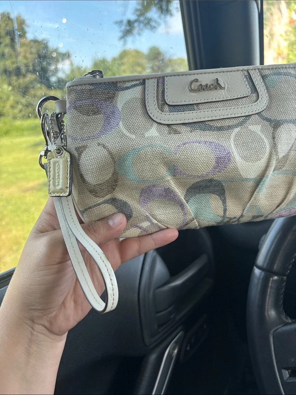 Coach Signature Canvas Wristlet with Pastel Purple and Teal Accents